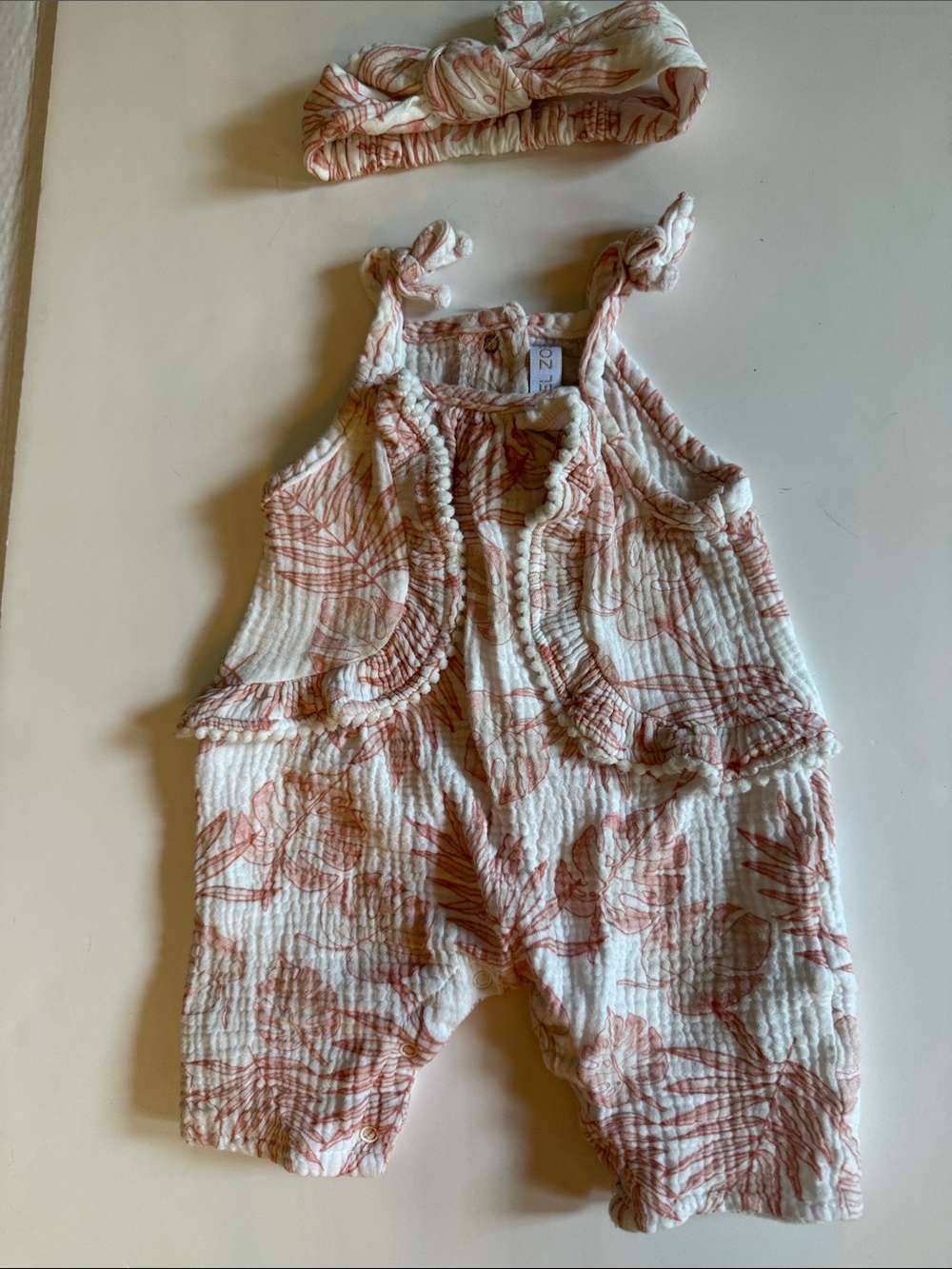 Infant Floral Muslin Overalls with Matching Headband - White & Dusty Pink